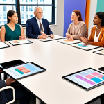A diverse group of people participating in a public forum discussing AI policies, with educational materials and transparent data displays, emphasizing community engagement and informed decision-making in a modern, bright setting.