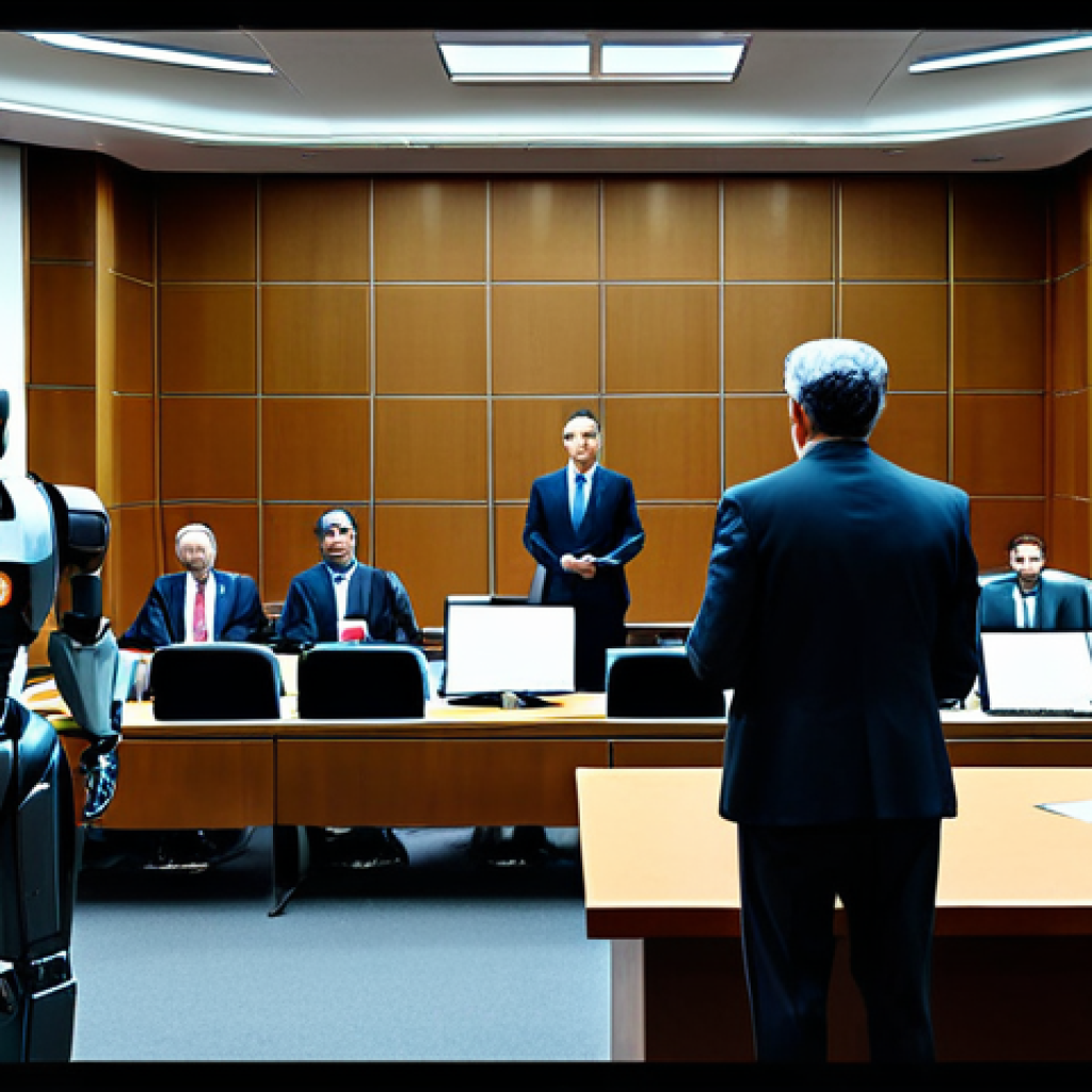 생성형 AI의 법적 문제 - AI Copyright Debate**
"A courtroom scene depicting a stylized AI robot on trial, surrounded by lawy...