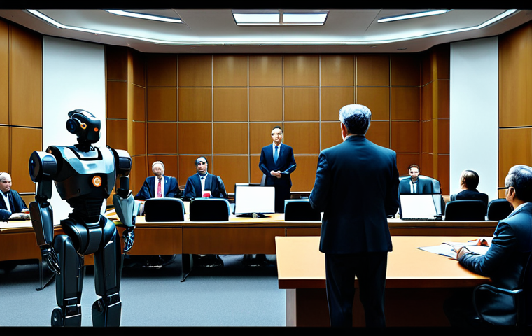 생성형 AI의 법적 문제 - AI Copyright Debate**
"A courtroom scene depicting a stylized AI robot on trial, surrounded by lawy...