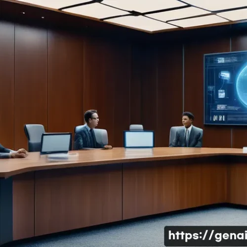 Home 32 생성형 AI의 윤리적 고찰 - A futuristic digital courtroom scene showing a diverse group of human creators and AI developers deb...