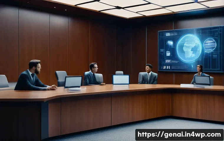 생성형 AI의 윤리적 고찰 - A futuristic digital courtroom scene showing a diverse group of human creators and AI developers deb...