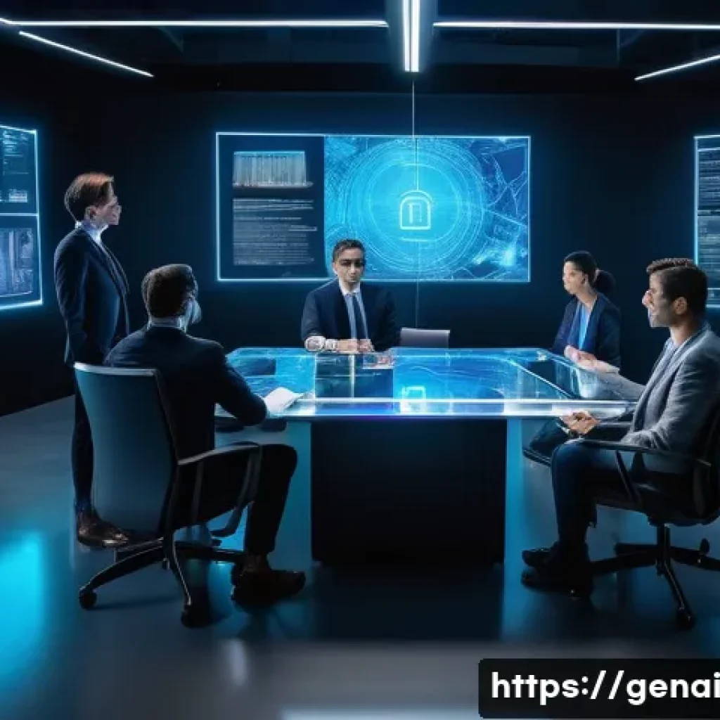 AI 생성 콘텐츠의 저작권 문제 - A futuristic legal office scene where a diverse group of professionals—lawyers, AI developers, and p...