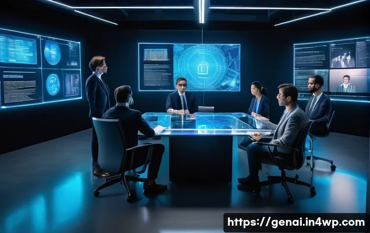 AI 생성 콘텐츠의 저작권 문제 - A futuristic legal office scene where a diverse group of professionals—lawyers, AI developers, and p...