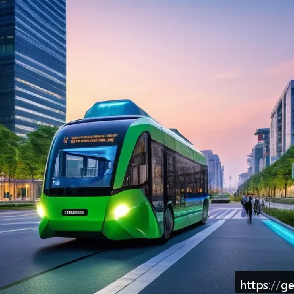 AI와 공공의 이익 - A futuristic smart city scene at dusk, showcasing AI-powered public infrastructure like autonomous b...