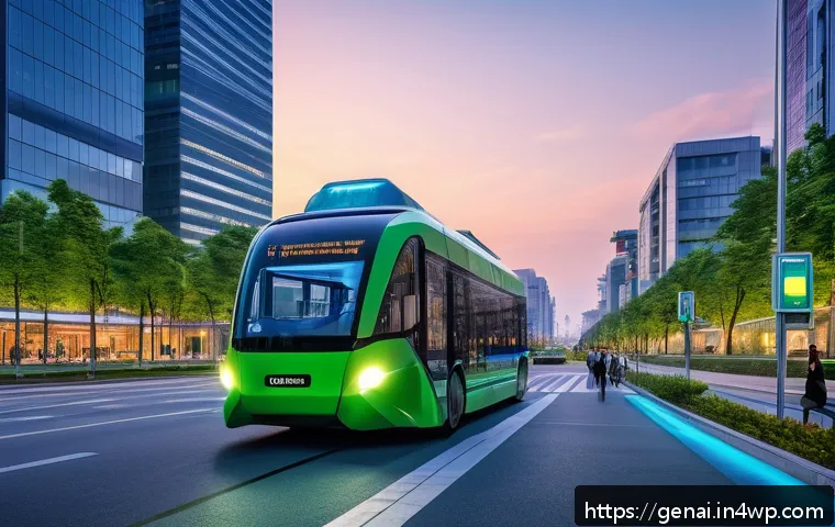 AI와 공공의 이익 - A futuristic smart city scene at dusk, showcasing AI-powered public infrastructure like autonomous b...