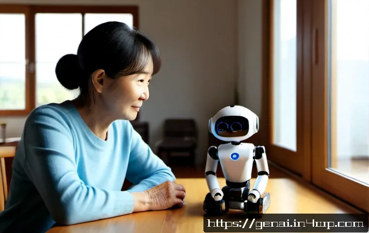 AI와 인간 존엄성 - Photorealistic scene of an elderly woman and a young AI robotics engineer seated across a simple woo...