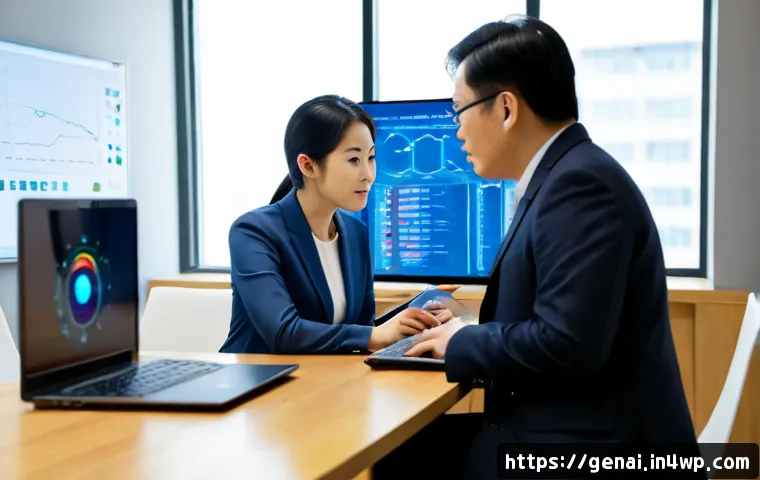 Home 17 AI의 비즈니스 윤리와 책임 - Photorealistic modern boardroom scene showing a diverse business leader and an AI ethics specialist ...