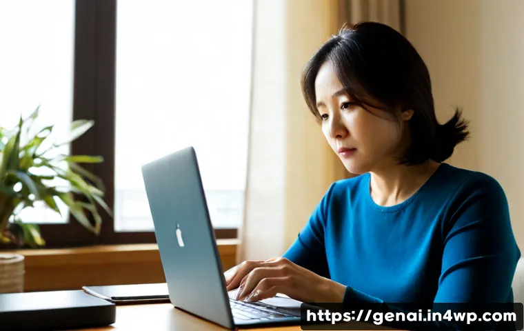 AI 기술에 대한 비판적 시각 - Photorealistic editorial scene of a thoughtful middle-aged woman at a clean home office desk, studyi...