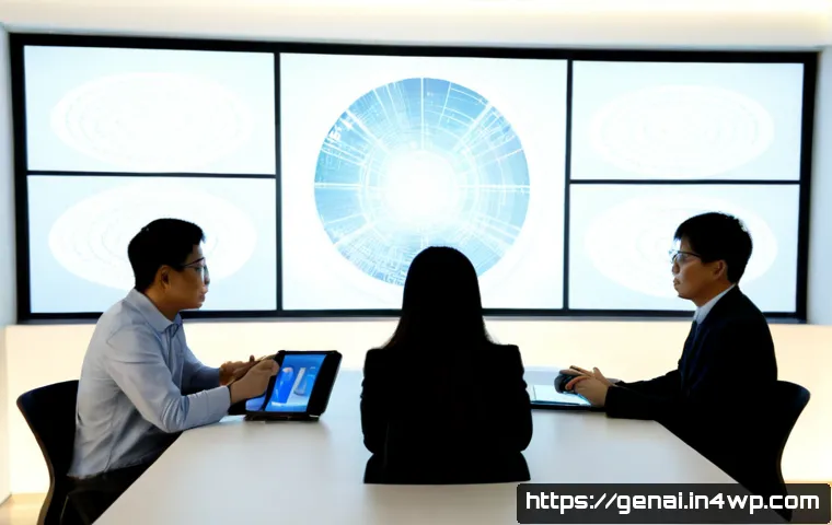 AI 기술의 도전과제 - Photorealistic modern technology workspace showing a diverse team of engineers in a thoughtful meeti...
